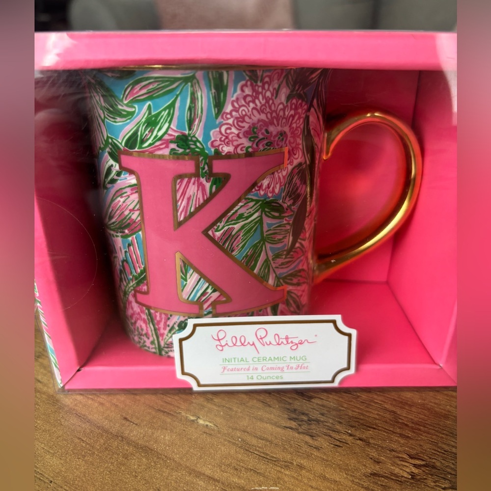 Lilly Pulitzer Initial “K” Ceramic Mug with Gold Handle NIB